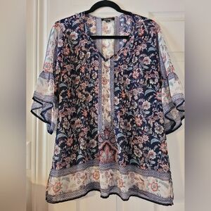 Roz & Ali Navy Floral V-Neck Border Print Tunic with Cream Accents